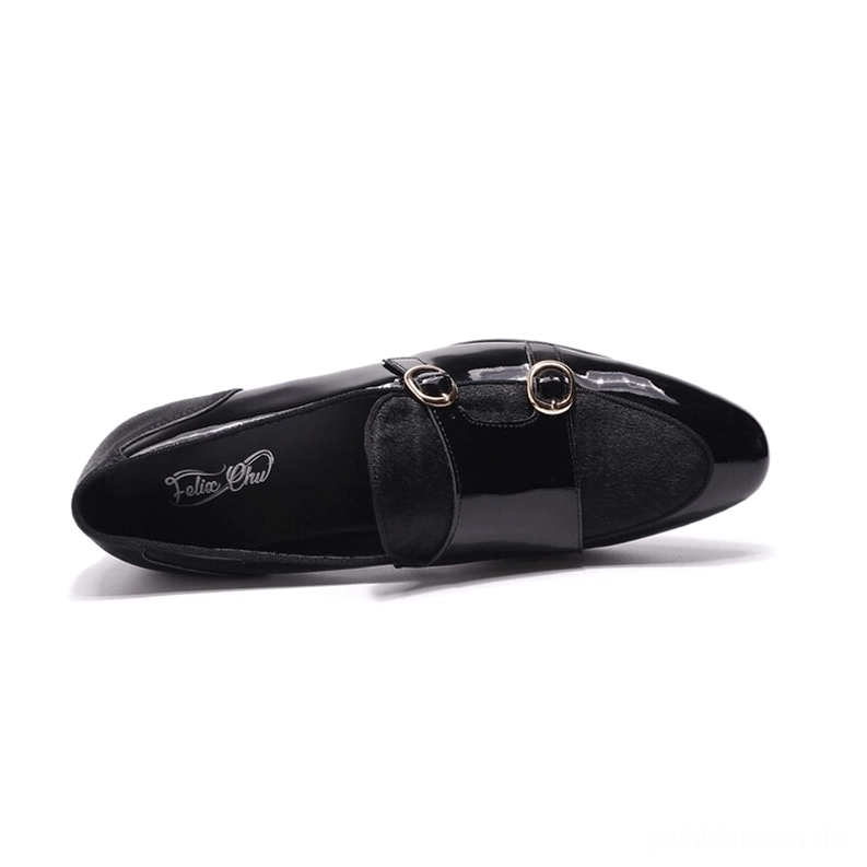 Schwarze Gothic Loafer flache Draufsicht mit markengeschriebener Innensohle und charakteristischem Lackleder-Glanz-Finish