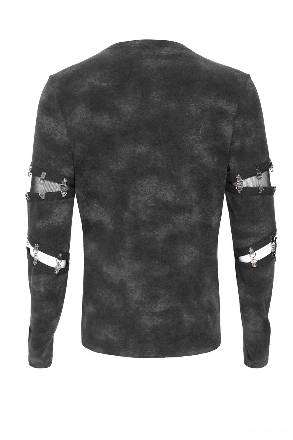 Rückansicht flach liegend des schwarzen gothic-tops mit tie-dye-textur und ärmel-cutout-riemen auf weißem hintergrund