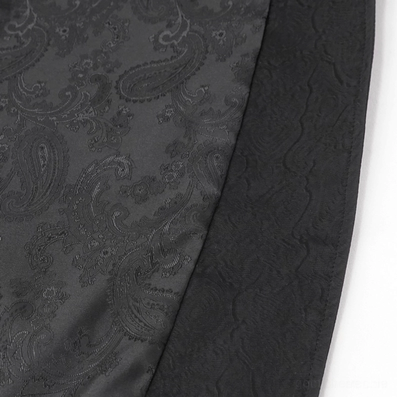 Nahaufnahme geprägte Paisley-Damast-Muster schwarzer Leder-Gothic-Mantel Stofftextur Licht-Reflexion Feinheit des Designs