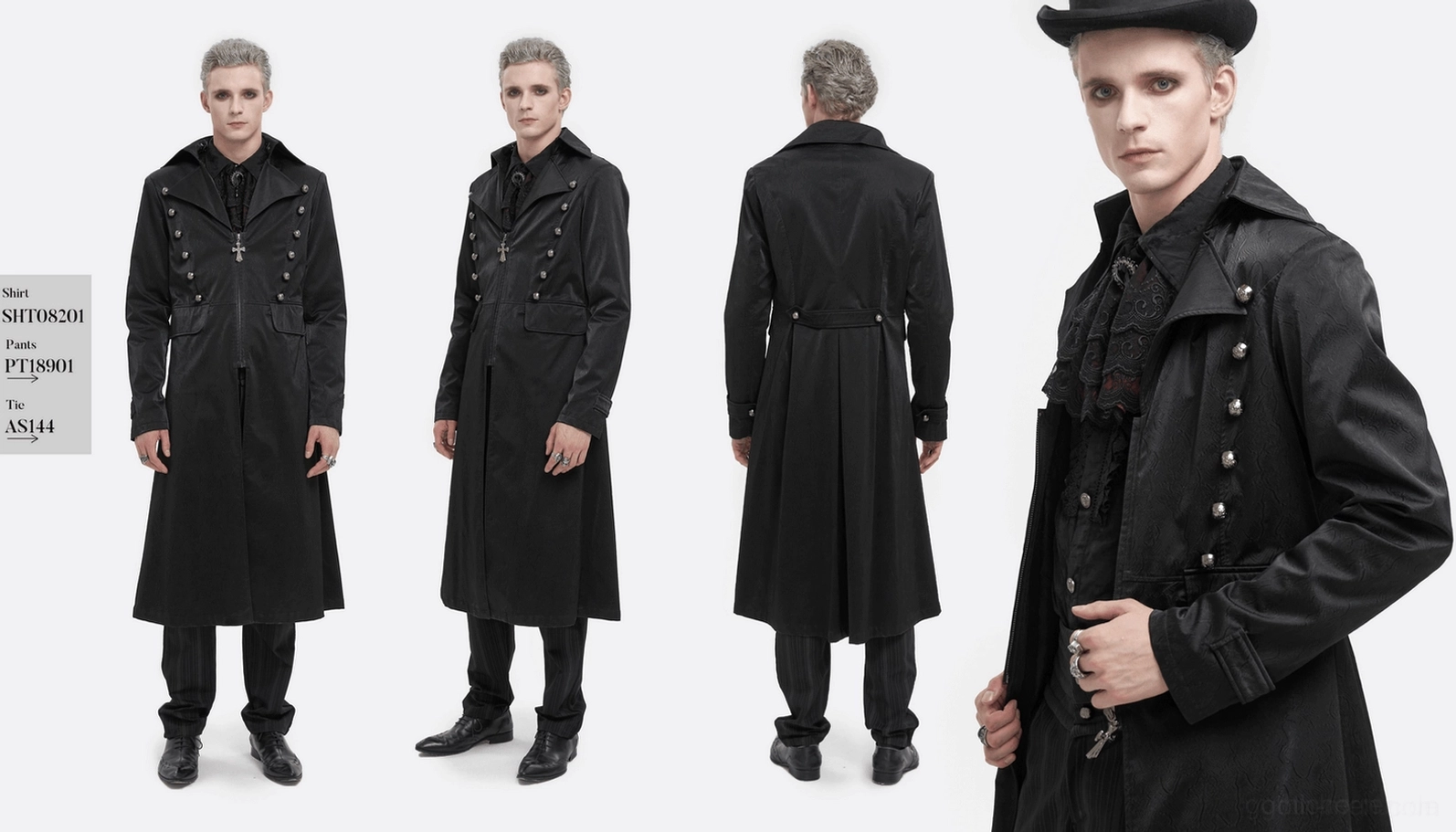 Schwarzer Leder-Gothic-Mantel geprägte Paisley-Muster Knopf Array Styling Detail Mode Fotografie gotisches Design