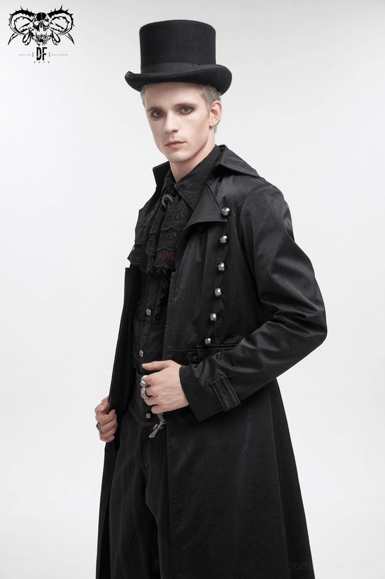 Schwarzer Leder-Gothic-Mantel Mode Fotografie Frontansicht alternative Punk Ästhetik Styling Inspiration dunkel elegant