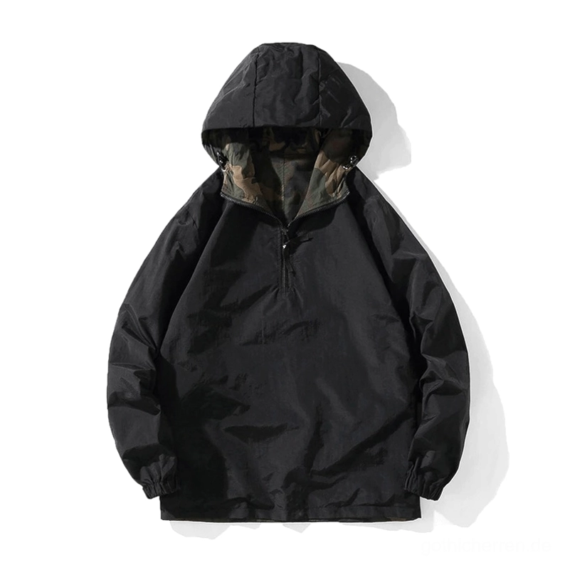 Flat-Lay-Vorderansicht des soliden schwarzen Oversized-Gothic-Kapuzenpullovers, Half-Zip-Design, elastische Manschetten und Saum, minimalistische Gothic-Mode, weißer Hintergrund