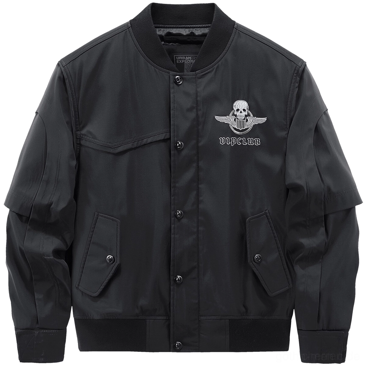 Schwarze Gothic Totenkopf Tactical Bomber Jacke Vorderansicht - Stehkragen mit Druckknopf und Brust-Totenkopf Logo mit praktischen Fronttaschen
