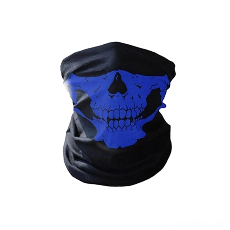 Blauer Totenkopf-bedruckter Gothic-Neck-Gaiter auf weißem Hintergrund, zeigt elastisches Strick-Gewebe mit Farbvariation und Schädel-Grafik-Detail