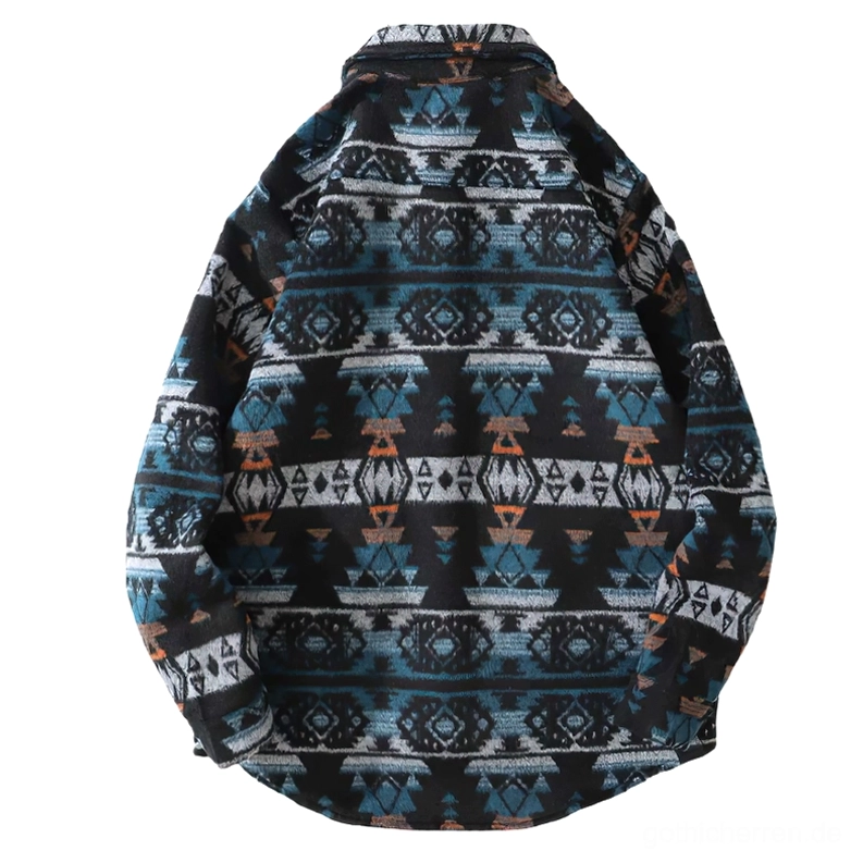 Blau-Schwarzes Gothic Tribal Hemd Rückansicht – Vollständige okkulte Geometric Print Design auf entspanntem Schnitt mit langen Ärmeln und strukturierter Fleece-Verarbeitung
