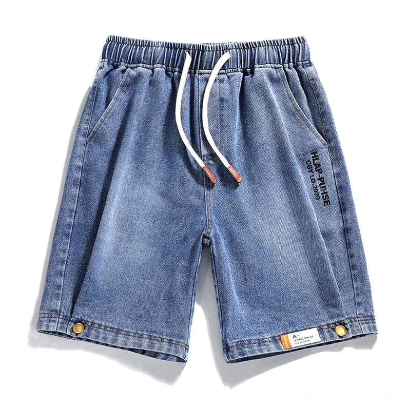 Blaue lockere Denim Shorts für Herren mit Kordelzug-Taille und gekräuselten Bündchen, Flachlage-Display – Gothic Lose Shorts mit Tragekomfort