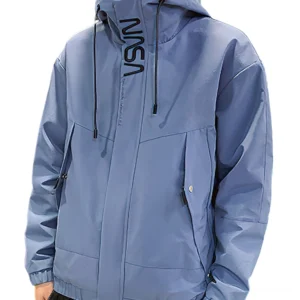 Blaue NASA-Print gotische Cargo-Kapuzenjacke Flachaufnahme mit Seitentaschen-Reißverschlüsse elastischem Saum und verstellbarer Kapuze