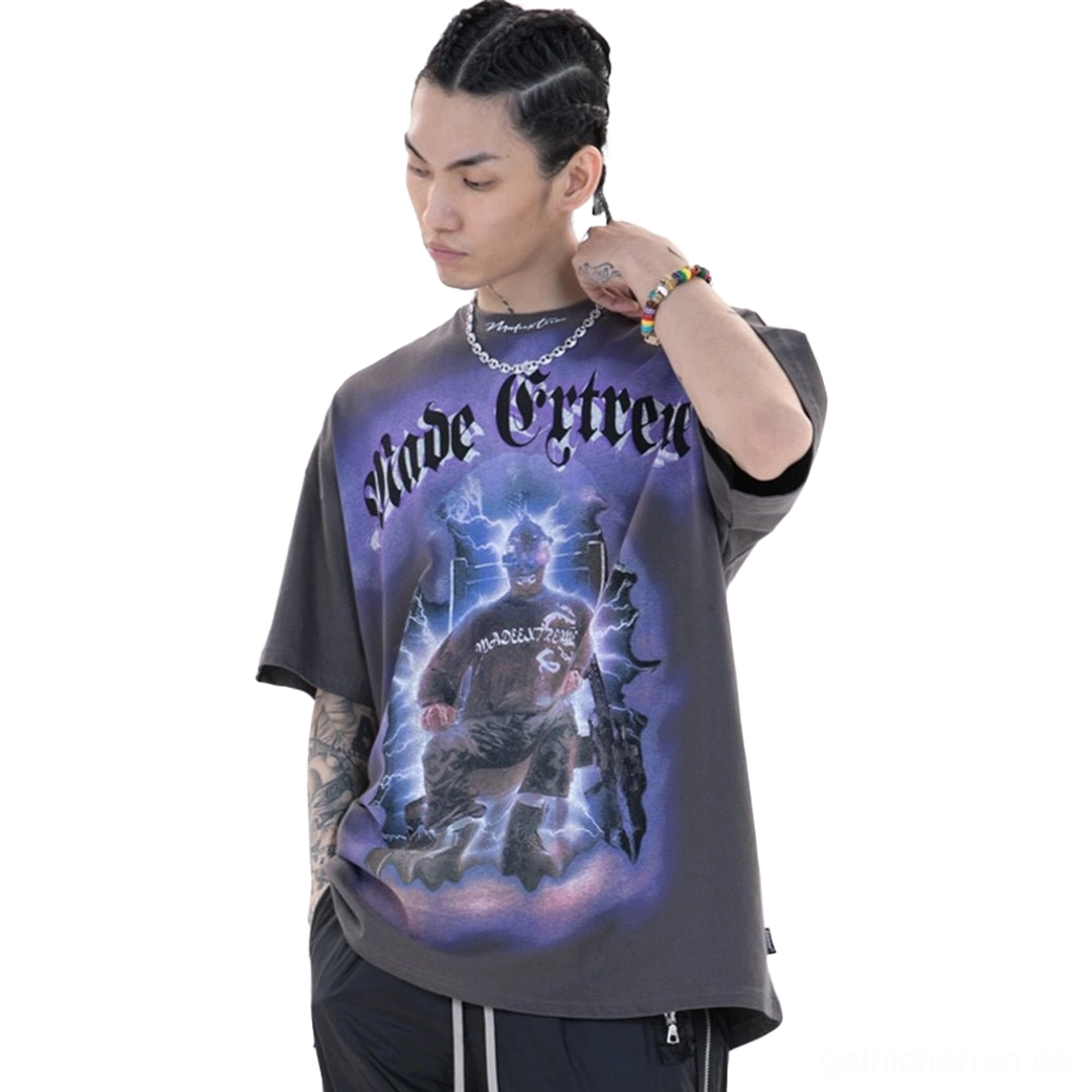 Blitzthron-Graues-Oversized-Gothic-T-Shirt-vollständige-Silhouette-Flachlage-mit-Drop-Shoulder-und-Relaxed-Fit