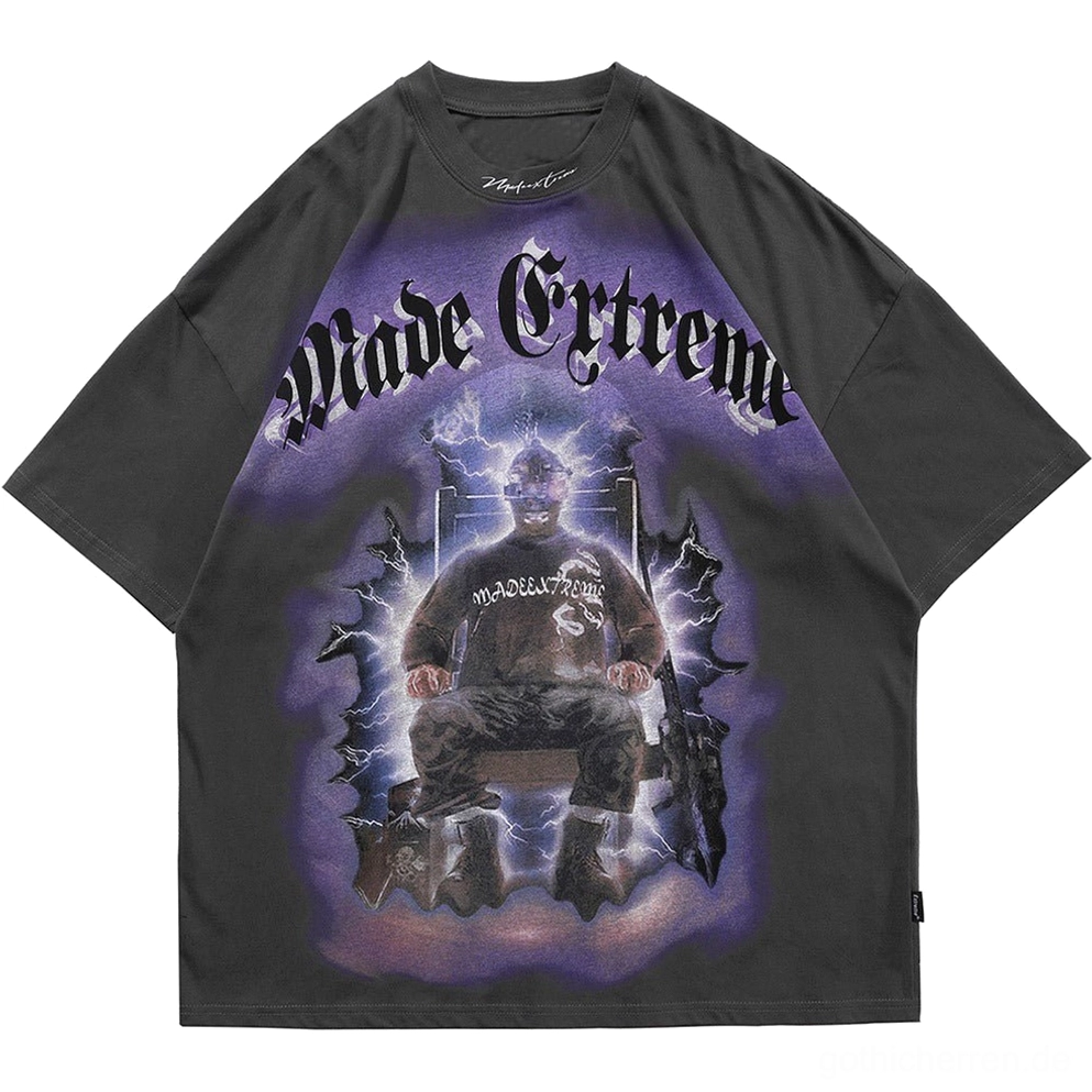 Blitzthron-Oversized-Gothic-T-Shirt-Grau-Vorderansicht-Flachlage-mit-lila-Blitz-Thron-Grafik-Drop-Shoulder-Design