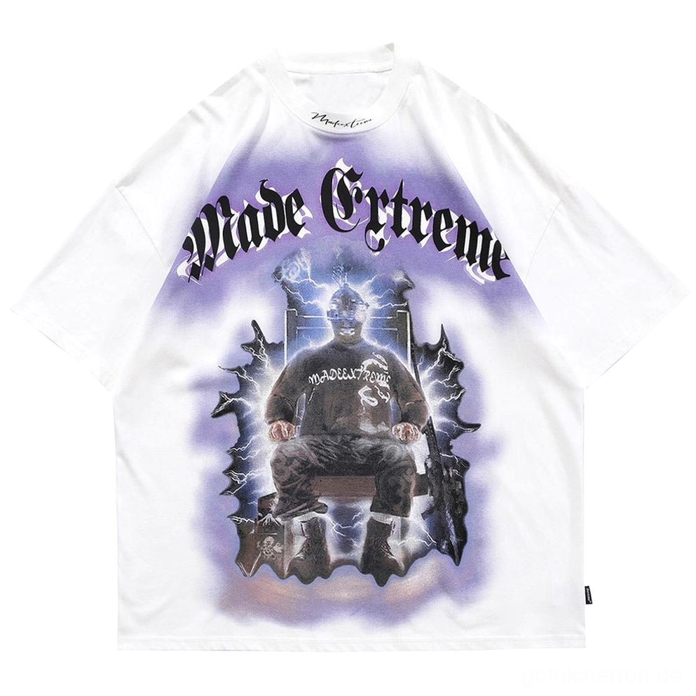 Blitzthron-Gothic-Oversized-T-Shirt-Weiß-Flachlage-mit-kontrastreichem-Grafik-Print-und-Crew-Neck-Kragen