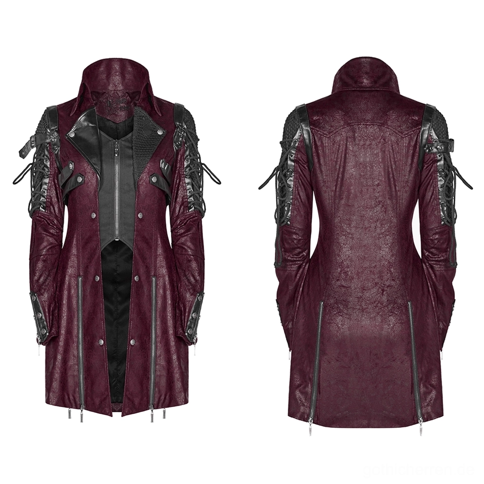 Bordeaux Gothic Leder-Trenchcoat Flachlage Vorderansicht mit schwarzen Kontrastpaneelen, Schnürärmel-Details und Metalldruckknöpfen, weiße Hintergrund-Produktaufnahme
