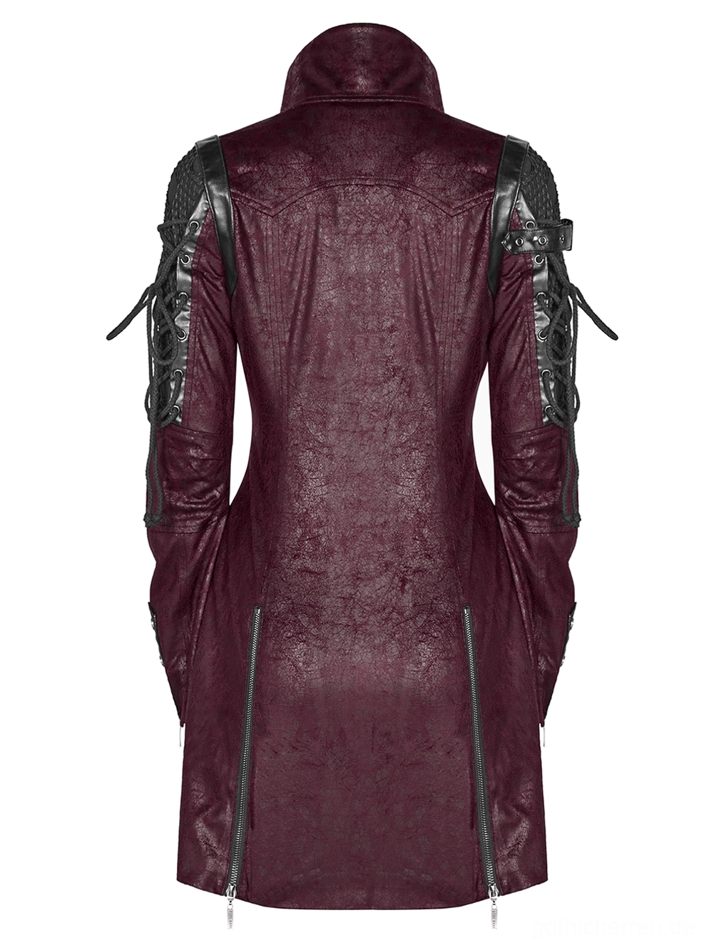 Bordeaux Gothic-Trenchcoat Rück-Flachlage mit schmaler Schnittform, seitlichen Saum-Reißverschlüssen und strukturierten Schultern, weiße Hintergrundaufnahme