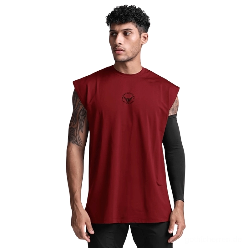 Bordeaux Rot Gothic Mesh Tanktop Herren ärmellos mit Brustdruck, Frontmodellansicht, Vampir Gothik
