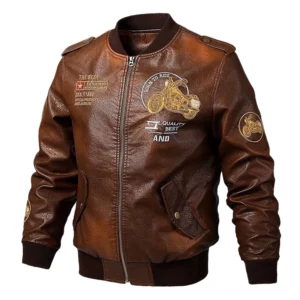Born to Ride Vintage Braun Kunstleder Biker Jacke Vorderansicht, klassische Gothic Motorrad-Stil Jacke mit geripptem Kragen und Manschetten