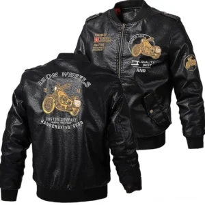 Born to Ride Gothic bestickte Biker Jacke Vorder- und Rückansicht, schwarzes Kunstleder mit goldener Motorrad-Stickerei, charaktervolles Design
