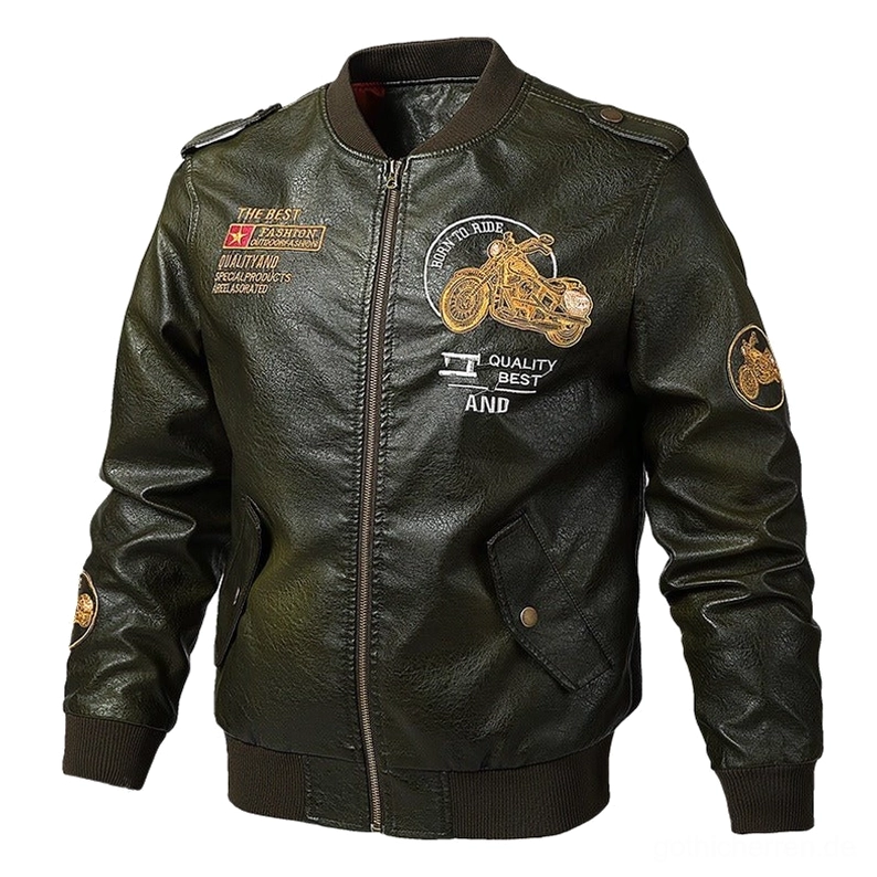 Born to Ride dunkles Waldgrün Kunstleder Biker Jacke mit geripptem Kragen, Manschetten und Saum, alternative Gothic Oberbekleidung