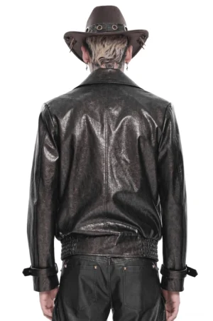 Braun Kunstleder Punk Biker Jacke Rückenansicht zeigt elastischen Bund und verstellbare Manschettenbänder mit Schnallen