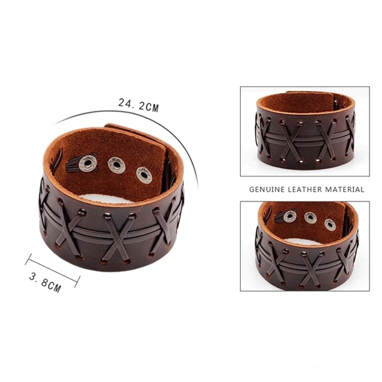 Braunes breites Leder-Gothic-Armband in Frontansicht mit eingezeichneten Abmessungspfeilen, demonstriert Breite von 3,8 cm und detailliertes Kreuzstichmuster-Design