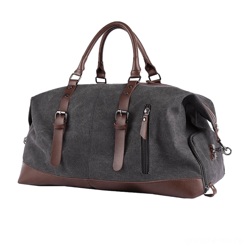Braunledertrimmed Gothic Canvas Reisetasche mit dualen Tragegriffen, direkte Vorderansicht showing strukturiertes Silhouette und braune Lederakzente