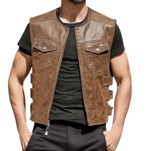 Herren Braun Pigskin-Lederweste Motorrad Gothic mit Metallreißverschluss und Druckknopf-Brusttaschen Vorderansicht auf athletischem Modell