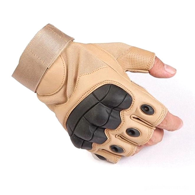 Braune fingerlose taktische Handschuhe mit Zweifarbig-Blockdesign, teilweise fingerlos, taktischer Knöchelpanzerung und verstellbarem Handgelenksgurt für ultimativen Grip und Gefühl