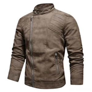 Braune gotische Biker-Jacke mit strukturiertem Kunstleder und charaktervollem Stehkragen im Gothic-Stil