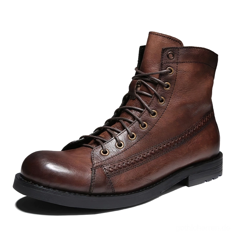 Braune Vintage-Leder Schnürstiefel Combat Boots für Herren mit vintage-Optik und klassischer Struktur in brauner Farbe
