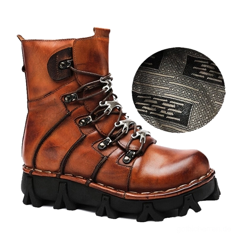 Braune echte Leder Gothic Combat Motorradstiefel Vorderansicht mit gewebter Innenfütterung Detail und gealterter Vintage-Ledercharakter