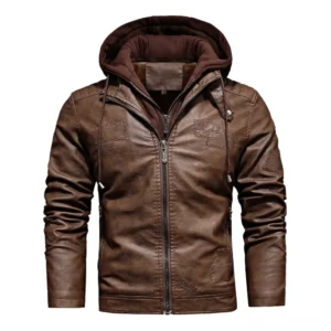 Braune Kunstleder Gothic Moto Kapuzenjacke mit grauem Fleece-Futter - Vorderansicht der Motorradjacke für Herren mit verstellbaren Zugschnüren und Doppelreißverschluss