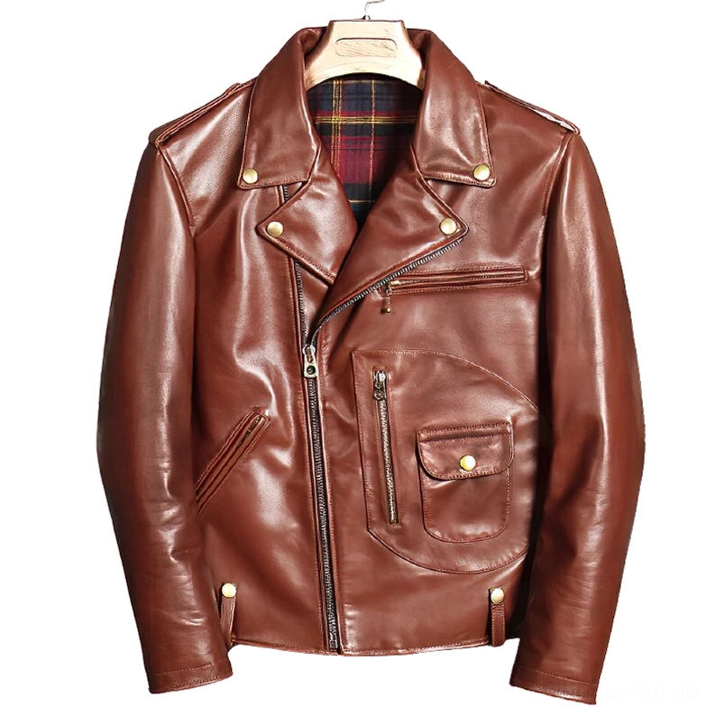 Braune echte Lederjacke in Moto-Stil mit asymmetrischem Reißverschluss, Messing-Hardware und rotem Tartan-Futter, Gothic-Jacke Vorderansicht