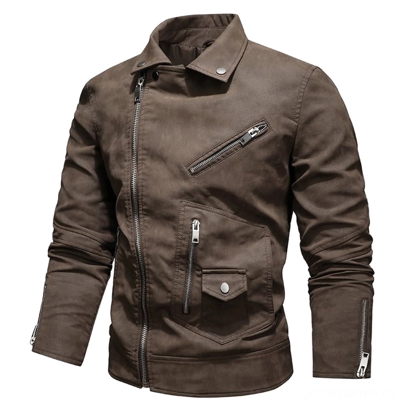 Braune Gothic PU-Lederjacke mit funktionalen Ärmels-Reißverschlüssen und silbernem Hardware Frontansicht