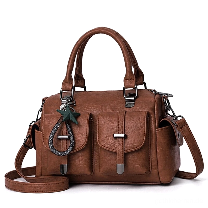 Braune gotische Vintage-Lederschultertasche mit Stern-Anhänger und mehreren Fächern – erdige romantische Okkulte-Tote für alternative Modebegeisterte