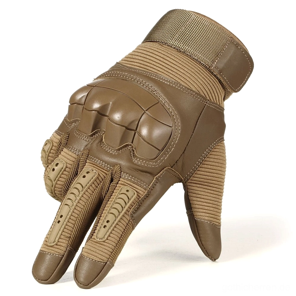 Braune taktische Kampfhandschuhe mit Vollfingerdesign, verstärkter PU-Leder-Knöchelschutzung und gerippter Mikrofaser-Konstruktion für vintage-inspired taktische Ästhetik