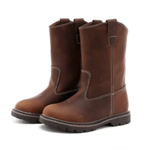 Braune Herren Gothic Leather Mid-Calf Stiefel Paar Dreiviertelvorderansicht mit Kontrastnaht Stichnähte Detail