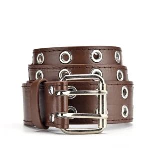 Brauner PU-Leder-Gothic-Taillengürtel mit Doppelreihen-Ösen und Punk-Rock-Pin-Schnalle in Draufsicht
