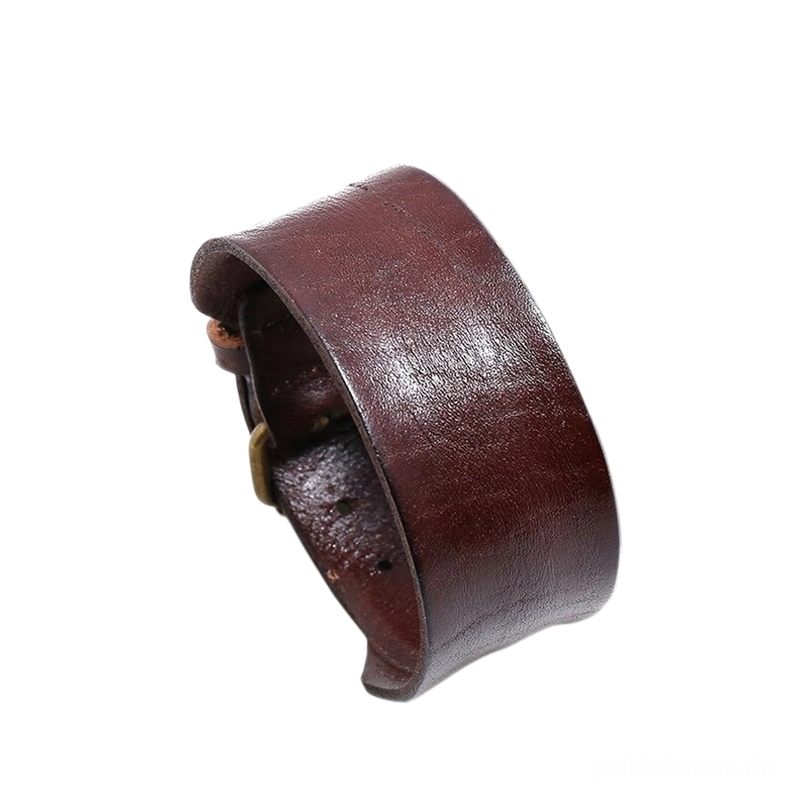 Braunes breites Gothic Leder-Armband, angewinkelte Ansicht mit mattem Rindsleder Finish und verstellbarem Bronze Verschluss für Punk Ledermanschette