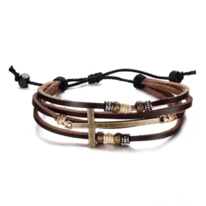 Braunes Gothic Naturstein-Perlenarmband mit gemischten Perlengrößen und verstellbarem Schnurverschluss in flacher Lagerfotografie auf weißem Untergrund