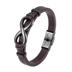 Braunes Infinity-Lederarmband mit mattem Edelstahl Hardware, klassische gotische Infinity-Symbol Dekoration, authentische Lederstruktur