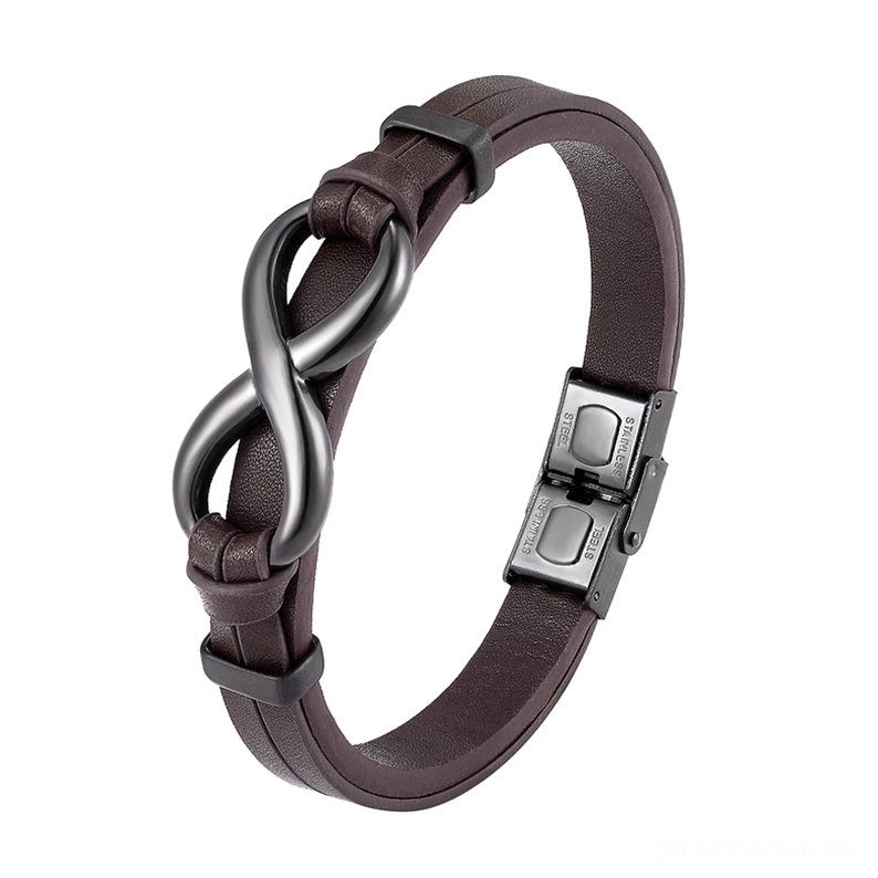 Braunes Infinity-Lederarmband mit mattem Edelstahl Hardware, klassische gotische Infinity-Symbol Dekoration, authentische Lederstruktur