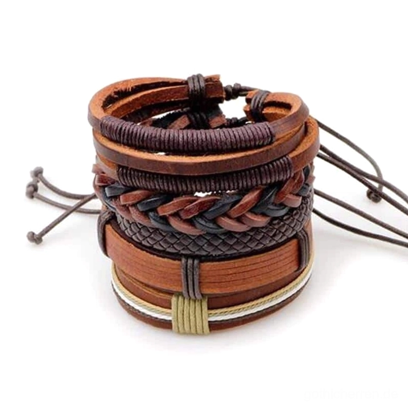 braunes leder gothic armband 5er set gestapelt overhead ansicht alle armbänder eng angeordnet zeigt geflochtenes seil flache lederband details alternative mode
