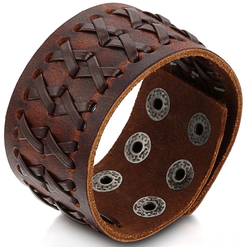 Braunes geflochtenes Leder Gothic Armband mit vintage Lederton und charakteristischem Kreuzflechtmuster-Design, echtes Leder Patina