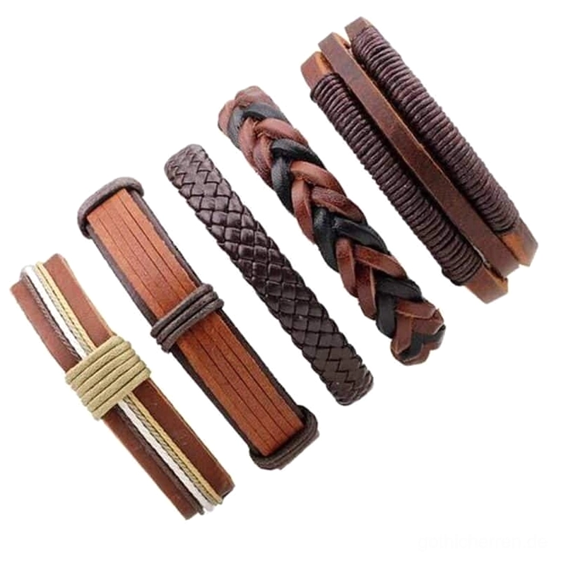 5er braunes leder gothic armband kollektion flat lay verteilt zeigt einzelne stile verstellbare seil verschlusse alternative fashion accessoires