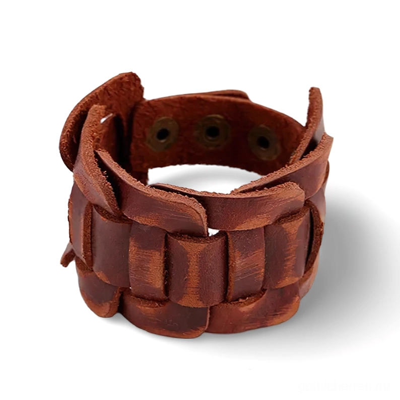 Braunes Leder Gothic Snap Cuff Armband, Detailaufnahme der geflochtenen Konstruktion mit sichtbaren Schnappverstellungslöchern, Vintage Distressed Leather Alternative Wristband