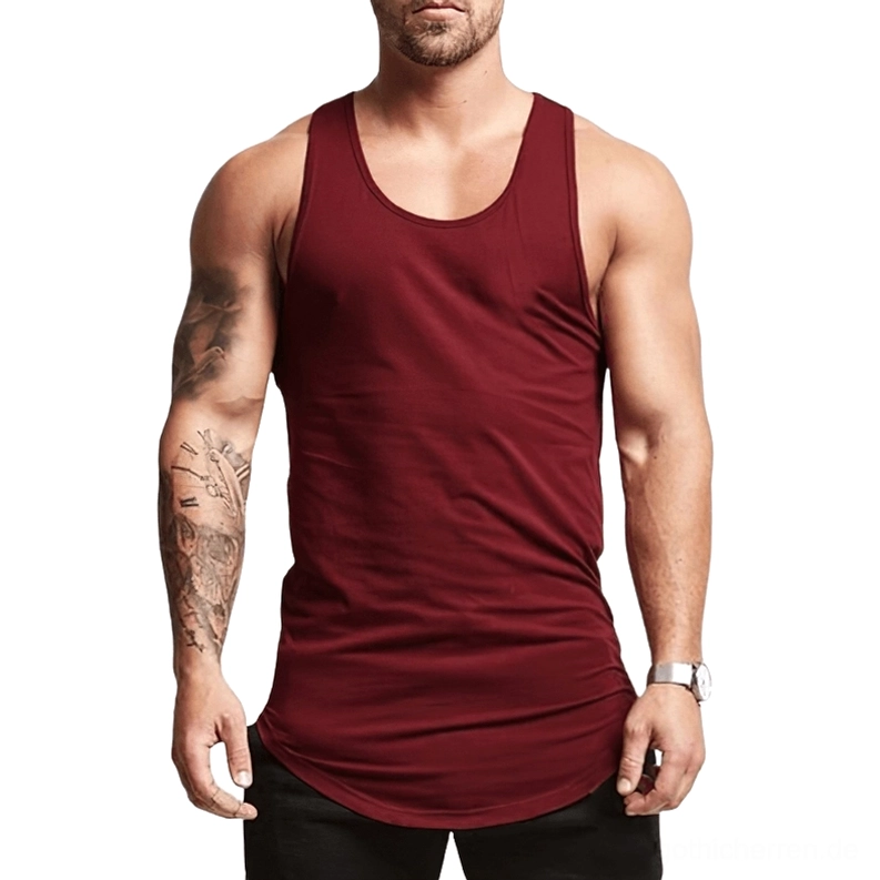 Burgund Rot Gothic Herren Muskelshirt ärmellos, Vorderansicht mit tiefem Weinrot-Ton, Victorian-Ästhetik Tank Top mit geschwungenem Saum