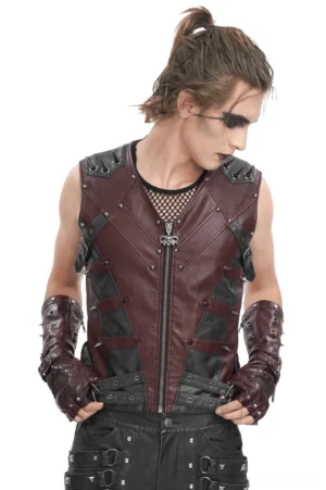 Herren Gothic Nieten-Kunstlederweste Burgunder Schwarz Frontalansicht mit Spike-Nieten Totenkopf-Reißverschluss Punk Styling