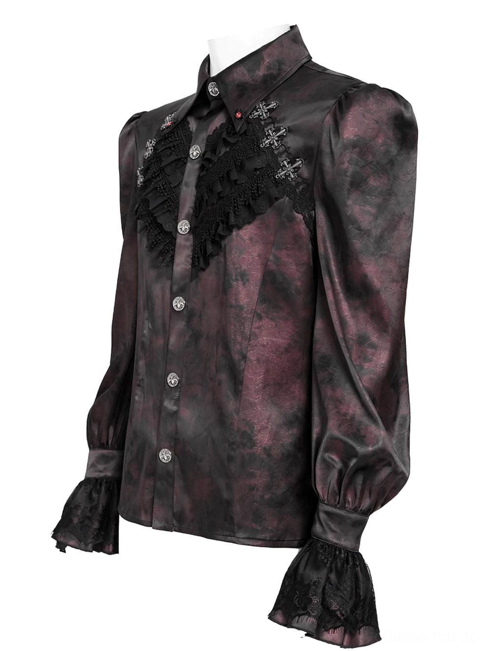 Gothic burgunderrotes Hemd mit Puffärmeln Dreiviertelperspektive auf Mannequin - strukturierter Spitzkragen und spitzenverzierte Manschetten