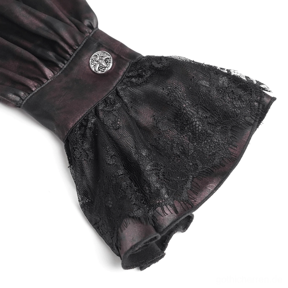 Nahaufnahme Gothic burgunderrot Hemd Manschetten-Detail - Spitzenkragen mit Metallknopf und Satin-Stofftextur