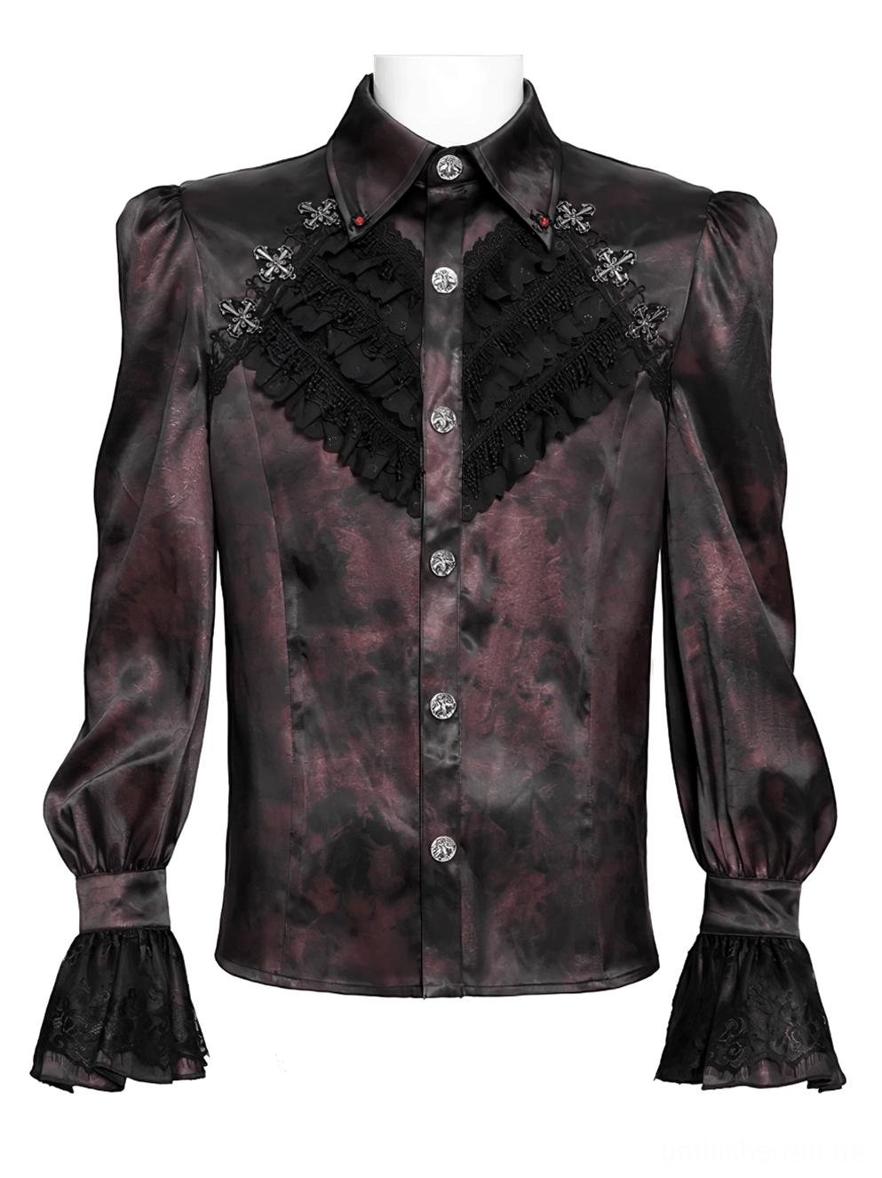 Gothic burgunderrotes Hemd mit Puffärmeln Vorderansicht auf Mannequin - silberfarbene Kreuzapplikationen schwarzes Spitzenpanel und Knopfverschluss