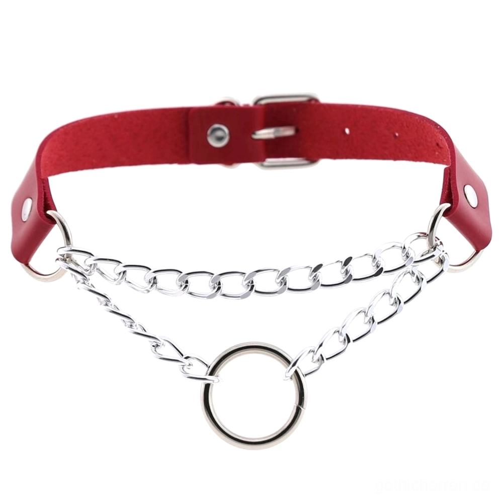 Burgunderrot PU-Leder Gothic Choker mit doppelten silbernen Metallketten, zentralem Ring Pendant, verstellbarem Verschluss, dunkel romantische Ästhetik kette