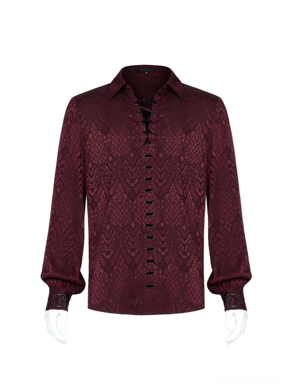 Burgundy Gothic Jacquard Schnürhemd spitzer Hemdkragen Frontalansicht auf Schaufensterpuppe strukturierte tailierte Passform ornamentale Damastwebung gotische Details